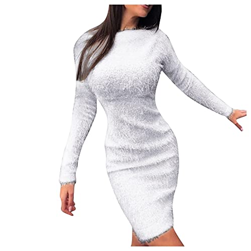 Strickkleid Damen Sexy Rundhals Plüschkleid Pullover Kleid Langarm Pulloverkleider Winter Warm Kleider Dress Einfarbig Slim Fit Partykleid Schmaler Rock Kleid von Generic