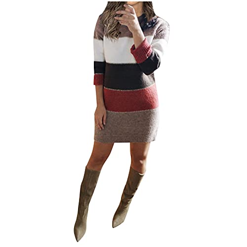 Strickkleid Damen Streifen Pullover Kleid Damen Elegant Strickkleid Rundhals Sweatshirts Pulli Herbst Winter Patchwork Pulloverkleid Wickelkleid Lässig Minikleid Partykleid von Generic