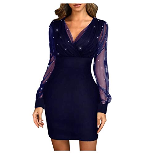 Strickkleid Damen Winter Kleid Langarm Elegant Tüll Perle/Pailletten Einfarbig V-Ausschnitt Abendkleid Herbst Kurz Partykleid Festlich von Generic