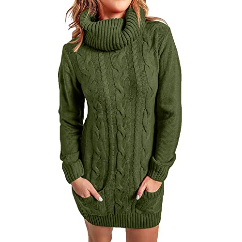 Strickkleid Damen Winter Pulloverkleid Elegante Einfarbig Rollkragen Stricken Strickpullover Langarm Strickpullover Kleider Bequem Warm Pullikleid Midikleid Minikleid(B Grün,L) von Generic