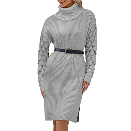 Strickkleid Lang Damen Winter Mit Gürtel,Herbstkleid Damen Knielang Pulloverkleid Revers Kleid Winterkleider Herbst Kleider Langarm Kleid für Damen von Generic