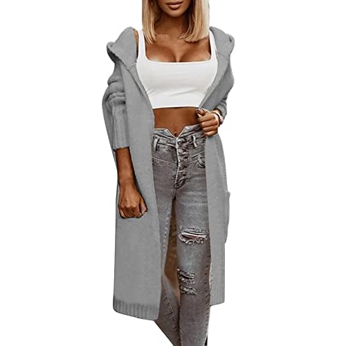 Strickmantel Lang Damen Strickjacke Mit Kapuze Open Front Grobstrick Strick Cardigan Herbst Winter Casual Outwear Basic Einfarbig Gestrickt Jacke Elegante Lose Pullover Mantel Jacke von Generic