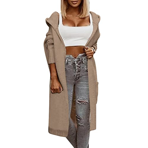 Strickmantel Lang Damen Strickjacke Mit Kapuze Open Front Grobstrick Strick Cardigan Herbst Winter Casual Outwear Basic Einfarbig Gestrickt Jacke Elegante Lose Pullover Mantel Jacke von Generic