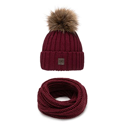 Strickmütze & Loop Großer Kunstfell Bommel II Beanie und Loopschal 2-in-1 II Warme Termo Winter Set Kuschelig (Weinrot), Einheitsgröße von Generic