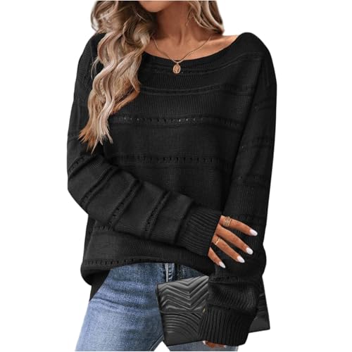 Strickpulli Damen Rundhals Pullover Herbst Oversize Langarm Fleece Sweatshirt Lose Pulli Casual Sweater S A Black von Generic