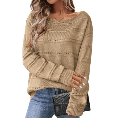 Strickpulli Damen Rundhals Pullover Herbst Oversize Langarm Fleece Sweatshirt Lose Pulli Casual Sweater XL A Khaki von Generic