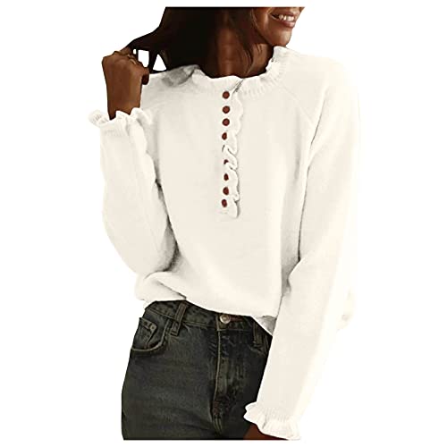 Strickpullis für Damen Pullover Elegant Langarm Sweatshirt Herbst Winter Warme Sweater mit Rüsche V-Ausschnitt Knopf Pulli Strickpullover Mode Lose Oberteile Tops von Generic