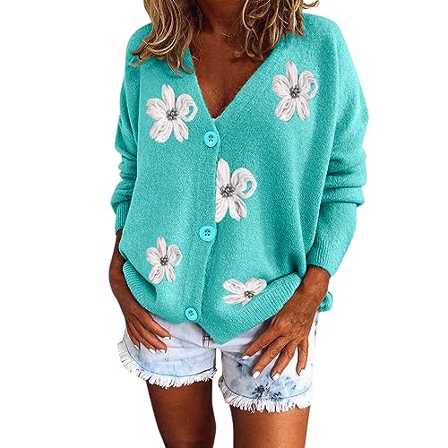 Strickpullover-Cardigan mit bestickten Blumen mit en Damen Strickjacke V-Ausschnitt Leiste Strick Cardigan Kurz Open Front Sweater Elegant Casual Schulterjacke Top von Generic