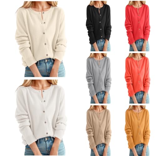 Strickpullover Damen,Damen Rundhals Strickjacke Einfarbig Elegant Pullover mit Knop Langarm Kaschmir Cardigan Lässiges Sweatshirt Bequem Pulli Winter Oberteil Für Frauen Langarmshirt Tuniken von Generic