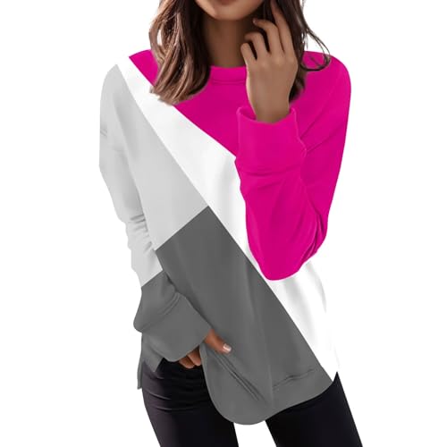 Strickpullover Damen,Damenpullover Langarm,Longshirt Damen Sport Langarm Sweatshirt Basic Rundhals Pullover ohne Kapuze Elegant Einfarbig Langarmshirt Locker Casual Oberteil,Rot,L von Generic