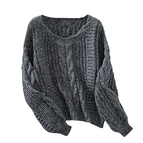 Strickpullover Damen Einfarbig Geflochtener Strick V-Ausschnitt Strickpulli Modische Grobstrick Autumn Winter Gestrickter Pullover Baggy Passform Pulli Classic Teenager Mädchen Oberteile von Generic