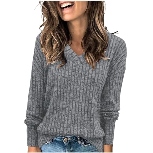 Strickpullover Damen Einfarbig Gestrickter Pullover Gerippt Strickpulli V-Ausschnitt Gestricktes Blusetop mit Seitenschlitz Langarm Pulli Baggy Passform Oberteile Autumn Winter Basic Bluse von Generic
