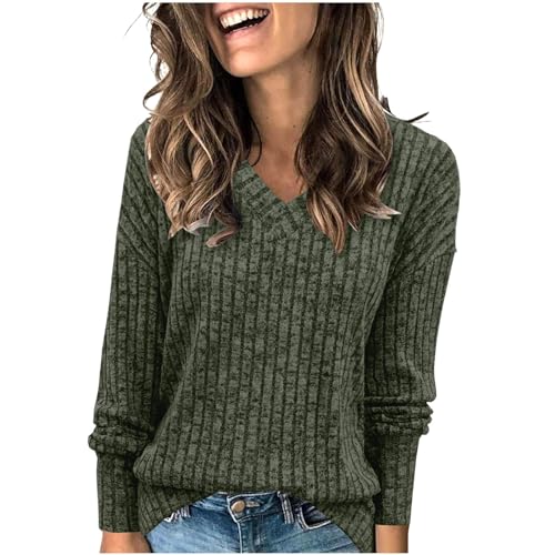 Strickpullover Damen Einfarbig Gestrickter Pullover Gerippt Strickpulli V-Ausschnitt Gestricktes Blusetop mit Seitenschlitz Langarm Pulli Baggy Passform Oberteile Autumn Winter Basic Bluse von Generic