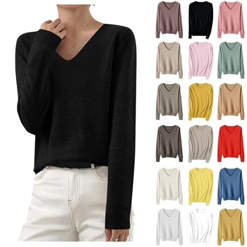 Strickpullover Damen Einfarbig Gestrickter Pullover V-Ausschnitt Strickpulli Warmes Langarm Strick Blusentop Klassische Passform Feinstrick Tops Autumn Winter Basic Bluse Teenager Mädchen Oberteile von Generic
