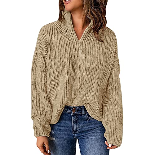 Strickpullover Damen Winter 2022 Neue V-Ausschnitt Locker Pulli Sweater Oberteil Klassische Einfarbig Rollkragen Langarm Oberteil Loose Pullover Sweater Tops(A Beige,M) von Generic