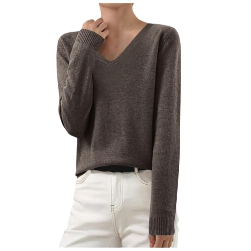 Strickpullover Damen Langarm Pullover Elegant Einfarbig Strickpulli V Ausschnitt Langarmshirt Winter Warm Wollpullover Casual Basic Pulli Tops Gestrickter Sweater (Coffee, L) von Generic