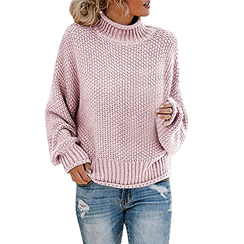 Strickpullover Damen Oversize Loose Pullover Grobstrick Winterpullover Strickpulli Sweater Elegant Rundhals Langarm Pulli Lose Einfarbig Pullover Stricken Oberteil Strickpulli(C Rosa,L) von Generic