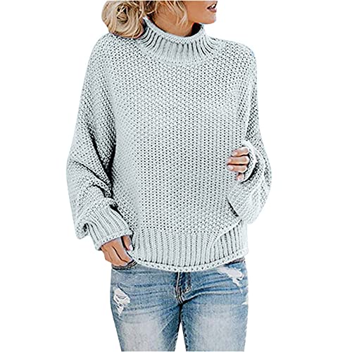 Strickpullover Damen Oversize Loose Pullover Grobstrick Winterpullover Strickpulli Sweater Elegant Rundhals Langarm Pulli Lose Einfarbig Pullover Stricken Oberteil Strickpulli(E Blau,M) von Generic