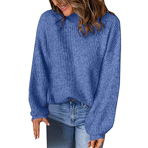 Strickpullover Damen Oversize Loose Pullover Grobstrick Winterpullover Strickpulli Sweater Elegant Rundhals Langarm Pulli Lose Einfarbig Pullover Stricken Oberteil Strickpulli(G Blau,XL) von Generic