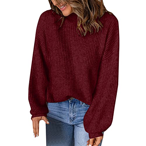 Strickpullover Damen Oversize Loose Pullover Grobstrick Winterpullover Strickpulli Sweater Elegant Rundhals Langarm Pulli Lose Einfarbig Pullover Stricken Oberteil Strickpulli(G Rot,XXL) von Generic