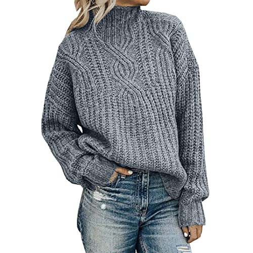 Strickpullover Damen Retro Einfarbig Winterpullover Grobstrickpullover Winter Rundhals Langarm Sweatshirt Pullover Lässige Lose Grobstrick Warme Sweater Oberteile Strickpulli(C Grau,L) von Generic
