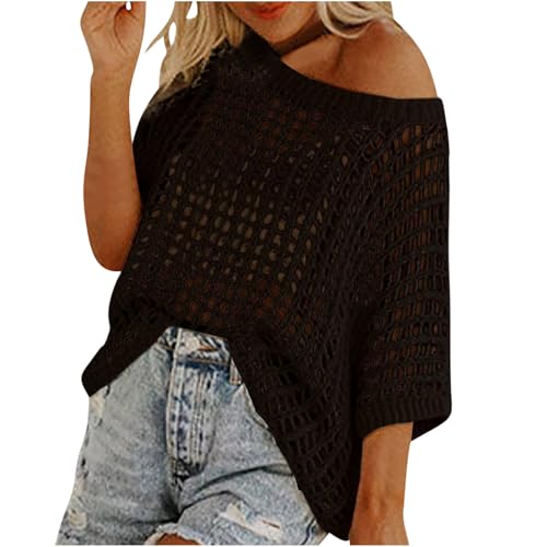 Strickpullover Damen Sexy Hauchdünn Grobstrick Oberteile Fischernetz Halbe Ärmel Strickpulli Strandshirt Personalisiert Gestrickter Pullover Rundhal Sommershirt Oversized Passform Bluse von Generic