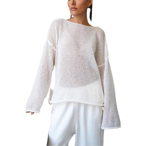 Strickpullover Damen Sexy Perspektive Pullover Einfarbig Gestrickter T-Shirt Oversize Passform Blusetop Langarm Rundhal Strickpulli Teenager Mädchen Oberteile Streetwear Strandbluse von Generic