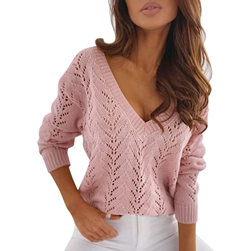 Strickpullover Damen V-Ausschnitt Häkelpullover Strickpulli Elegante Sweater Grobstrick Casual Pullover Oberteile (Rosa, L) von Generic