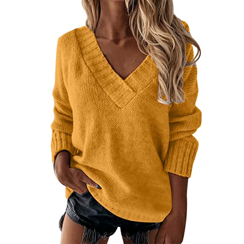 Strickpullover Damen V-Ausschnitt Spitze Stitching Pullover Bequem Warm Winterpullover Grobstrickpullover Winter Casual Lange Ärmel Stricken Sweater Sweatshirt Oberteil Tops(C Gelb,S) von Generic