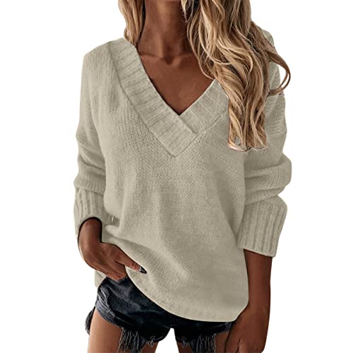 Strickpullover Damen V-Ausschnitt Spitze Stitching Pullover Bequem Warm Winterpullover Grobstrickpullover Winter Casual Lange Ärmel Stricken Sweater Sweatshirt Oberteil Tops(C Khaki,L) von Generic