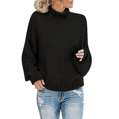 Strickpullover Damen Winter Rollkragen Oversized Fledermaus Langarm Sweatshirt Lose Grobstrick Casual Lose Colorblock Patchwork Langarm Pulli Sweater Oberteile Strickpulli(I Schwarz,4XL) von Generic