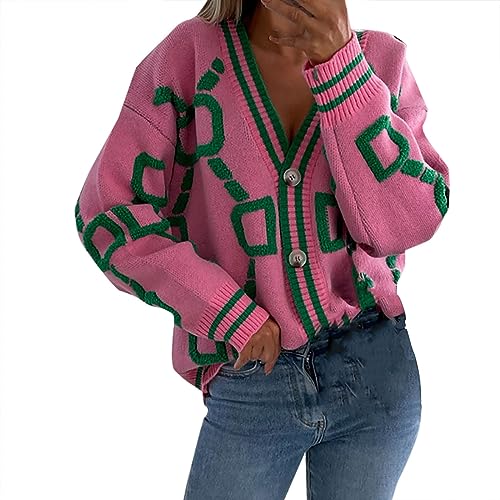 Strickpullover Damen knöpfen Struktur V-Ausschnitt Cardigan Herbst Winter Warm Bequem Pullover Casual Mode Strickjacke Lose Elegant Jacke Knopf Kurz Gestrickt Shirt Strickmantel (Pink, One Size) von Generic