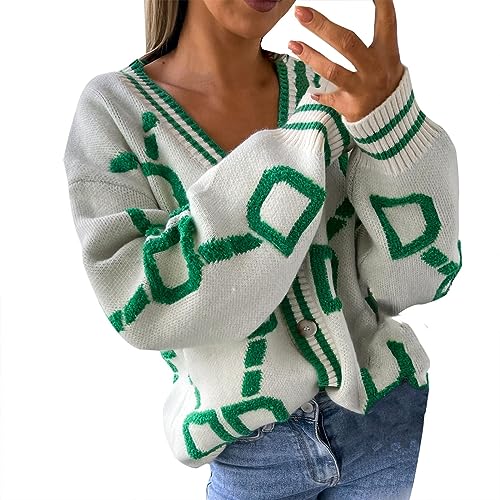 Strickpullover Damen knöpfen Struktur V-Ausschnitt Cardigan Herbst Winter Warm Bequem Pullover Casual Mode Strickjacke Lose Elegant Jacke Knopf Kurz Gestrickt Shirt Strickmantel (White, One Size) von Generic