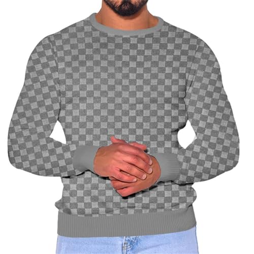 Strickpullover Herren Schachbrettmuster Knit Sweater Herren Stretch Slim Fit Rundhals Langarm Pulli Komfortabel Warm Basic Sweater Herren A-Grey M von Generic