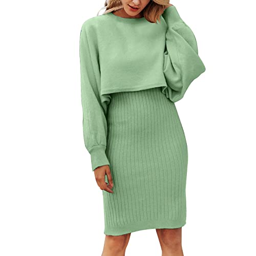 Strickpullover Strickkleid Zweiteiler Set Fauler Stil Pulloverkleid für Damen Einfarbiges Gestrickt Kleid Set Oberteil Pullover und Kleid Bodycon 2 Teiliges Sweater Strickkleid Pullikleid Minikleid von Generic