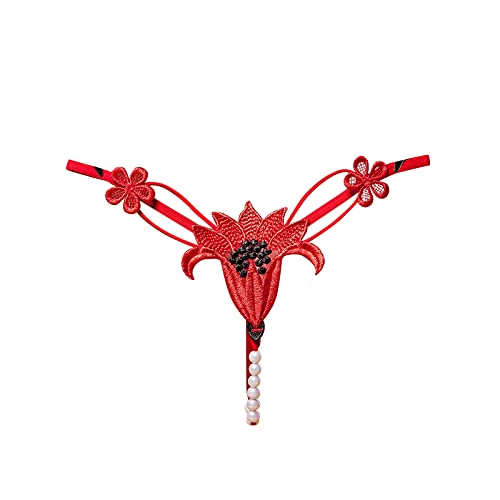 String Ouvert Damen mit Perlen Blumen Muster Loch Set Frauen Spitze Sexy Tanga Strings Unterwäsche V-G-String Reizwäsche Thongs Höschen Lingerie für Frau Mehrfarbig Rot Einheitsgröße von Generic