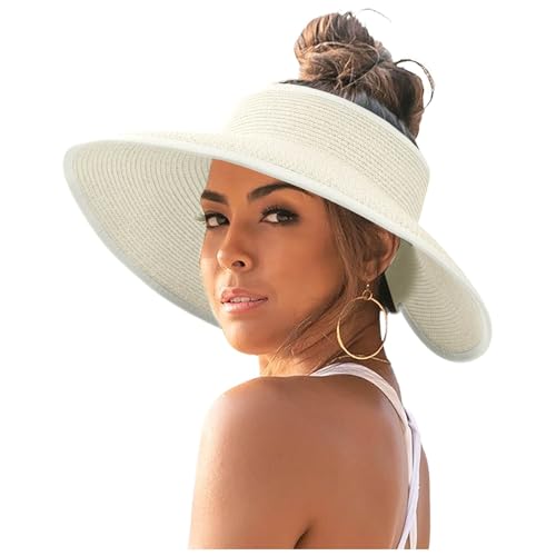 Strohhut Damen Faltbar Strohhut UV Schutz 50 Sonnenhut Elegant Sommerhut Breite Krempe Visor Cap-Einstellbar von Generic
