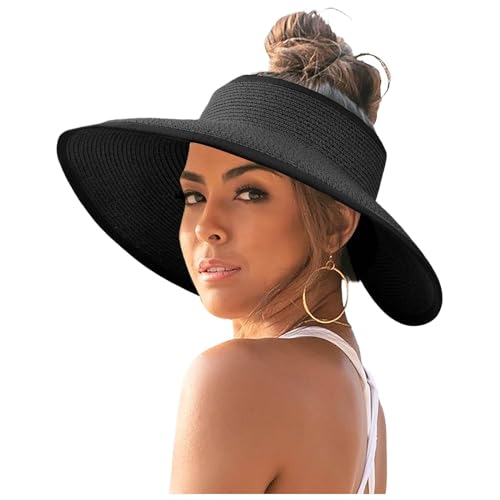 Strohhut Damen Faltbar Strohhut UV Schutz 50 Sonnenhut Elegant Sommerhut Breite Krempe Visor Cap-Einstellbar von Generic
