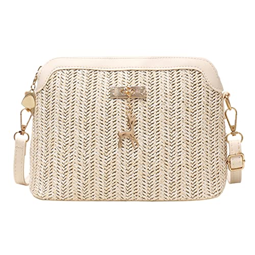 Strohtaschen Strandtasche Stroh Messenger Tasche Damen Boho Beach Schulter Cross Body Handtaschen Weben Geldbörse Beige von Generic