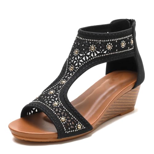 Studded Keilabsatz Sandalen Für Damen Chunky Keilabsatz Rhinestone Gladiator Sandalen Mit Rutschfester Sohle Und Hinterem Reißverschluss Für Sommerurlaub Und Strandspaziergang,Schwarz,38 EU von MiaZane