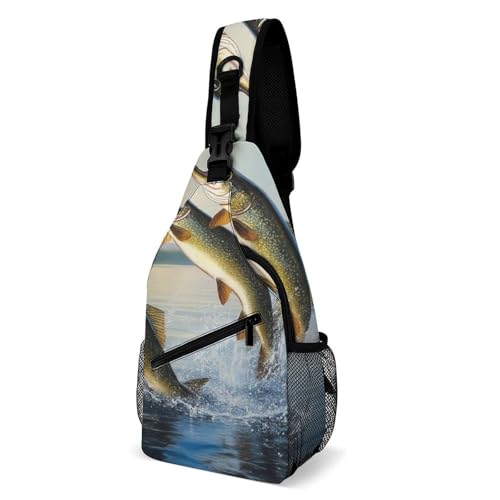 Stylisch Schultertasche Bassfisch springt aus dem Wasser Gemälde Brusttasche Elegant,Stilvoll Sporttasche für Einkaufen Damen Sportlich von Generic