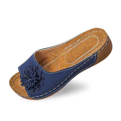 Stylische Damen-Slipper mit Keilabsatz Blumenmuster für Freizeit Urlaub Bequeme Lederslipper mit offenem Zehenbereich für sommerliche Eleganz (Navy, 42) von Generic