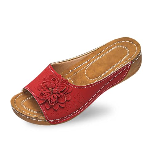 Stylische Damen-Slipper mit Keilabsatz Blumenmuster für Freizeit Urlaub Bequeme Lederslipper mit offenem Zehenbereich für sommerliche Eleganz (Red, 41) von Generic