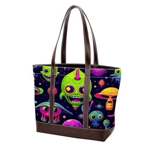 Süße grüne Alien-23 modische gewaschene strapazierfähige Ledergeldbörse für Damen, mit Tragegriff oben, mit Taschen, Reißverschluss, Mehrfarbig 02, 33.8x12x31cm/13.3x4.7x12.2 in von Generic