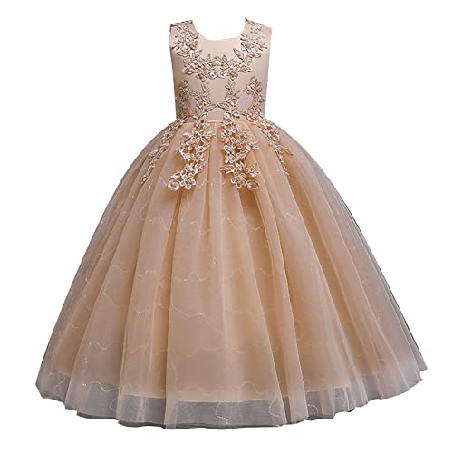 Süßes Kinderkleid Blumen Kleine Tüll Spitze Hochzeit Kleid Für Kinder Formal Geburtstag Prinzessin Pageant Prom Maxi Kleid (Beige, 9-10 Years) von Generic