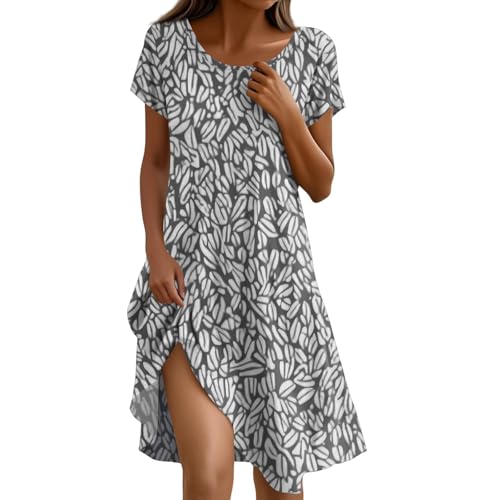 Summer Clothes Damen Sommerkleid Rundhals Kurzarm Blumendruck Boho-Kleid Leicht A-Linie Locker Tshirt Kleid Swing Elegant Freizeitkleid Strandkleid mit Taschen S-2XL D Gray XXL von Generic