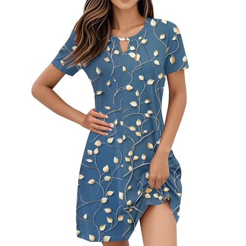 Sundresses for Women, Kleid Damen Sommer Boho Knielang Locker Strandkleider Kurzärm Sommerkleid Leicht Legeres Wickelkleid Blumen Urlaubkleid mit Rundhals In A-Linien A Royal Blue XXL von Generic