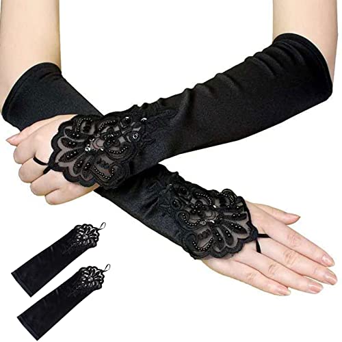 Suuwwn Damen Handschuhe,2 Paar Schwarze Fingerlose Handschuhe Lange Elastischer Spitze Handschuhe Retro Opera Handschuhe 1920 Audrey Hepburn Handschuhe für Hochzeit, Abschlussball,Opernparty von Generic