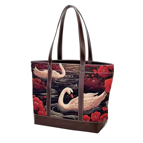 Swans and Flowers-1497 Schultertaschen für Damen, groß, weiches gewaschenes Leder, strapazierfähige Handtaschen, Multicolor 01, 33.8x12x31cm/13.3x4.7x12.2 in von Generic