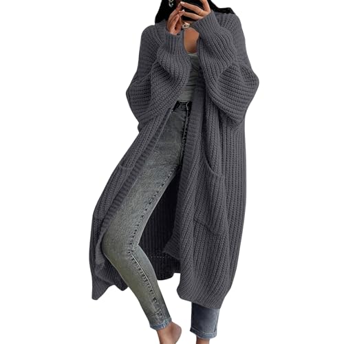 Sweater Damen Damen Cardigan Lang Strickjacke Offene Front Oversize mit Taschen Herbst Winter Casual Dicke Grobstrick Pullover L Dark Gray von Generic